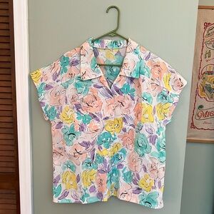 LAST CHANCE Vintage 1980s 1990s Pastel Teal Pink Yellow Purple Floral Shirt